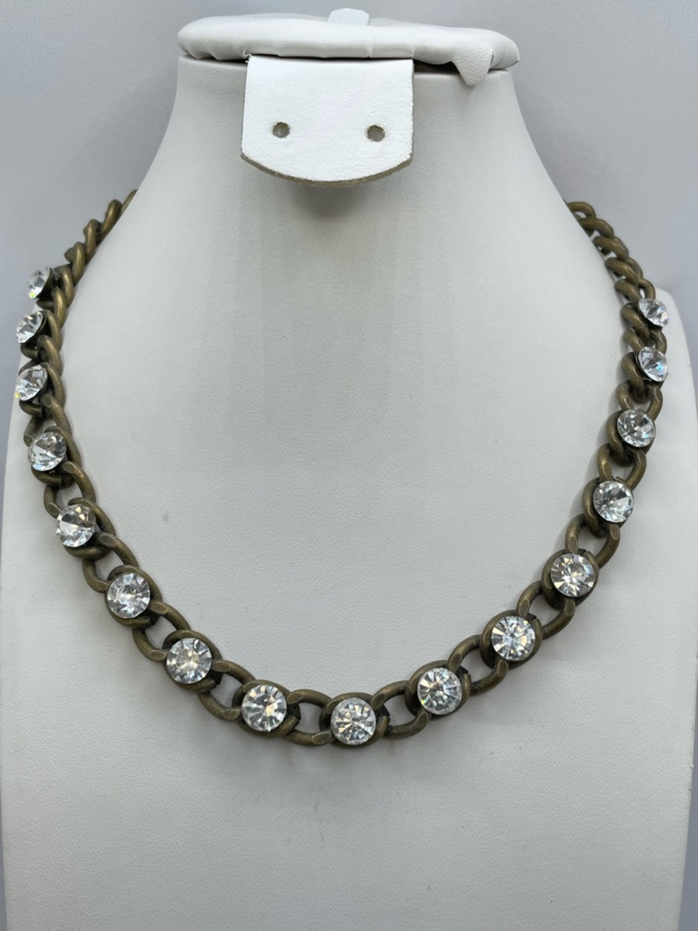 Antique Gold Tone Crystal Chain Necklace Clear Rhinestone Statement